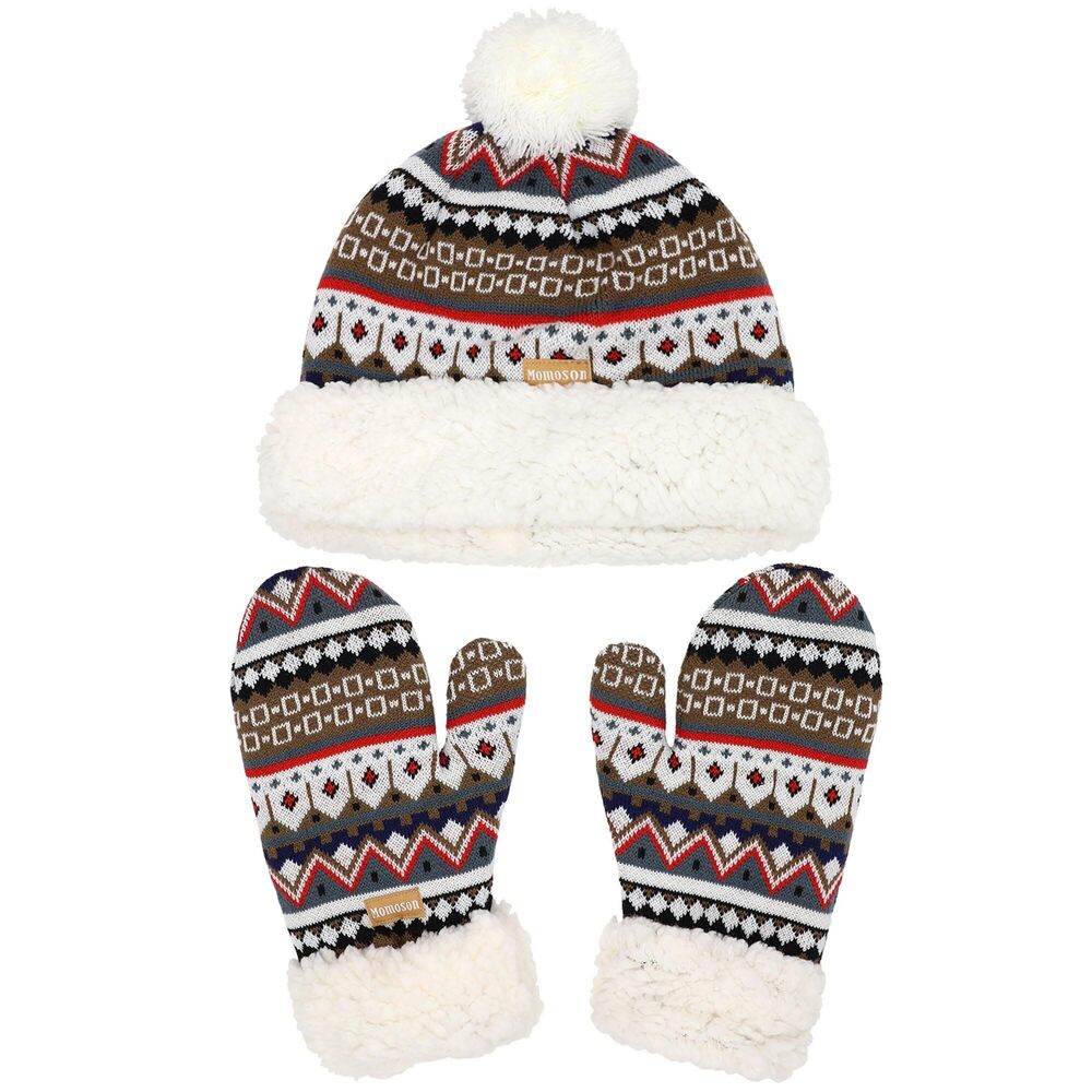 1825 Classic Winter Fleeced Thermal Pom Pom Beanie Hat and Mittens Set